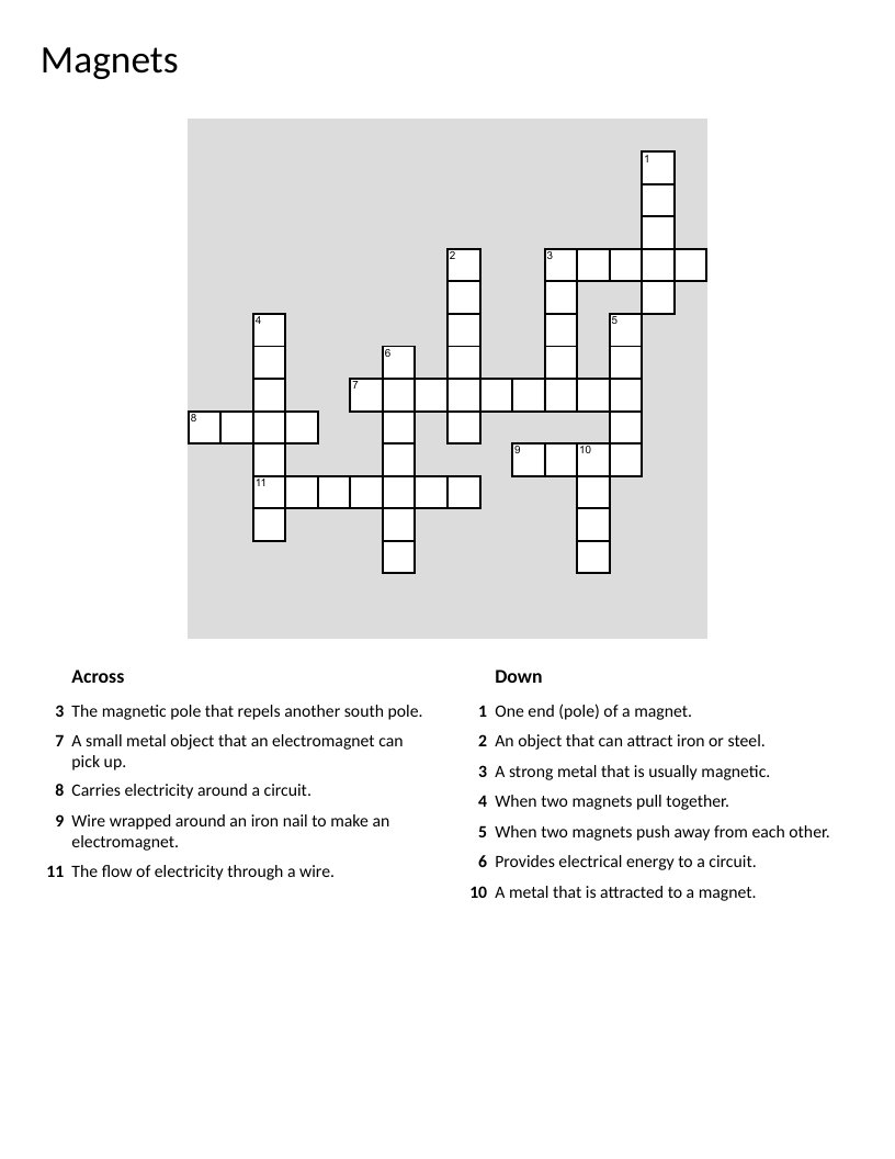 Magnets and electromagnets crossword with vocabulary for poles, attraction, and metal properties.