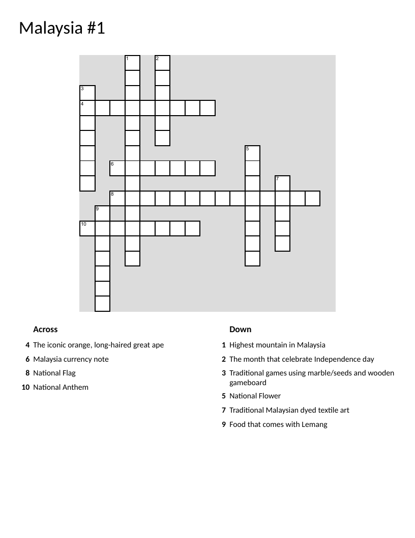 Malaysia crossword with Mount Kinabalu, batik, ringgit, and hibiscus.