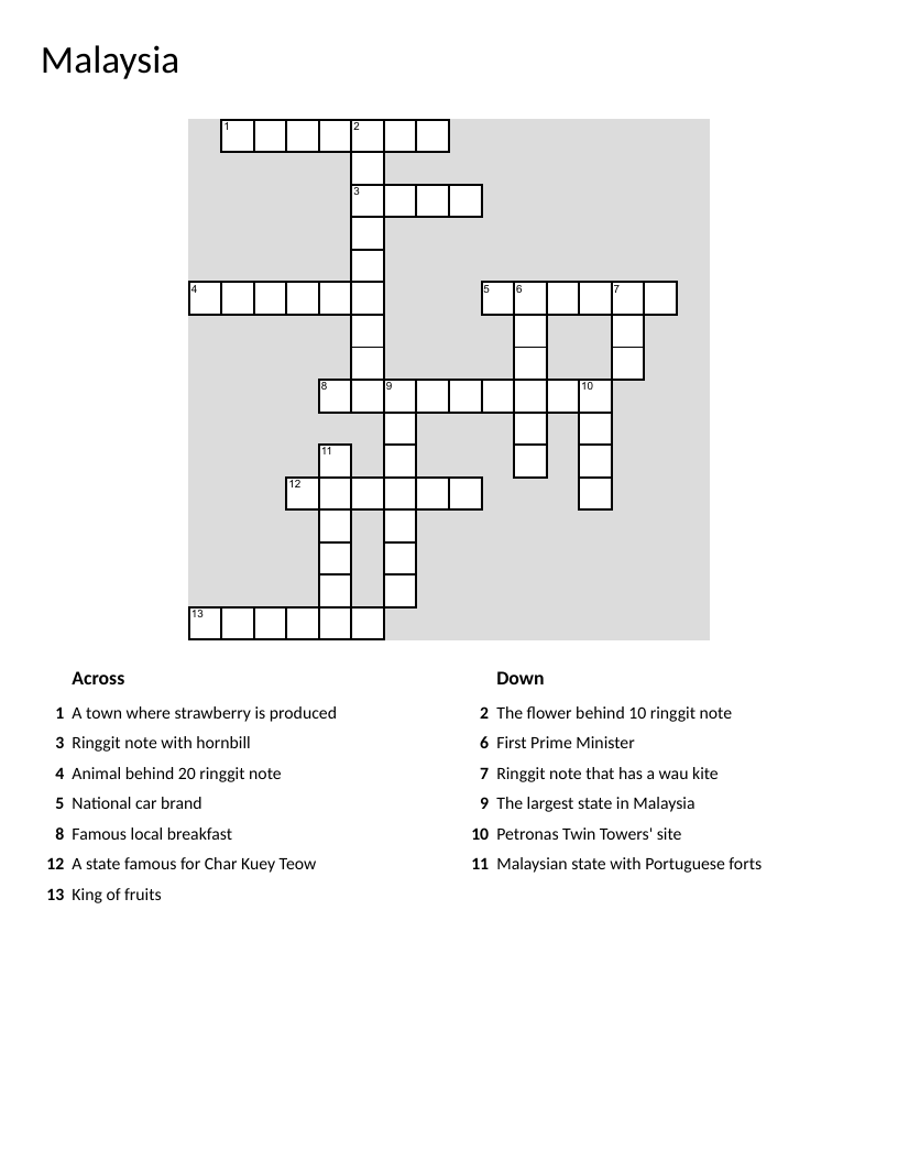 Malaysia geography and culture crossword with Petronas Towers, durian, and nasi lemak.