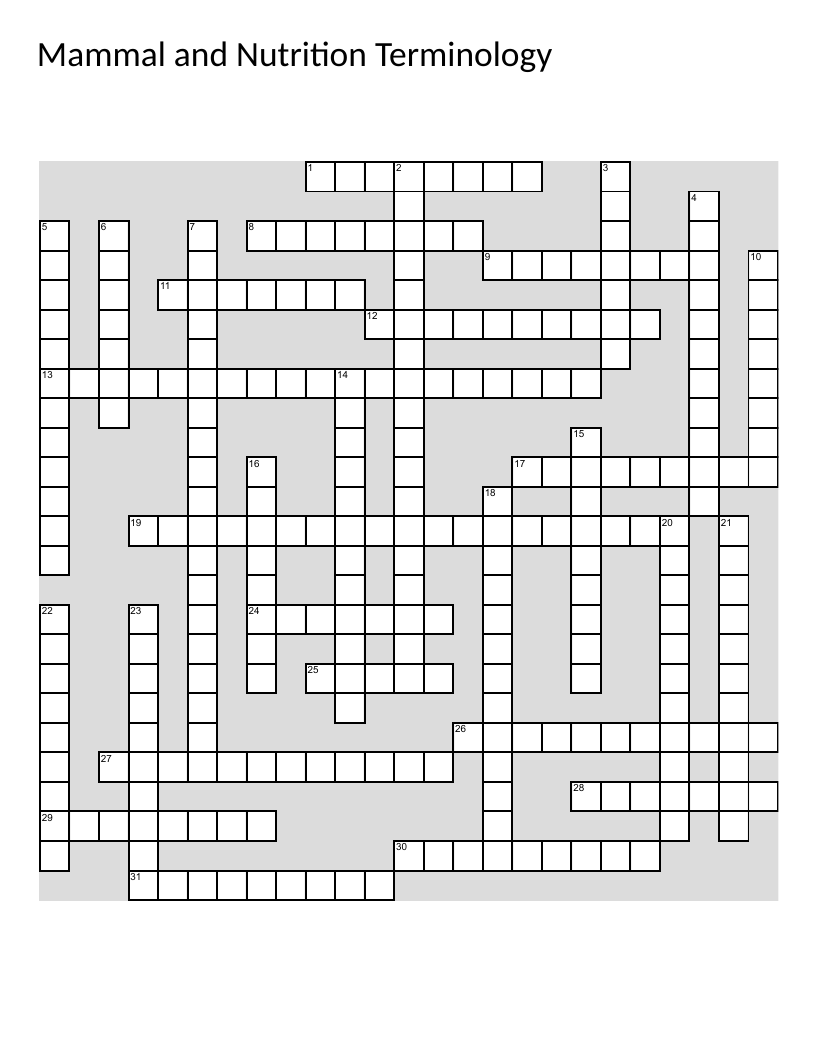 Mammal anatomy and nutrition terminology crossword with digestive systems and diet types.