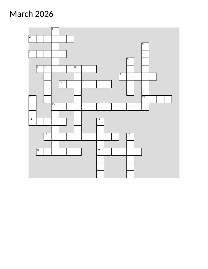 March and spring crossword with St. Patrick's Day, Easter, and tulips.