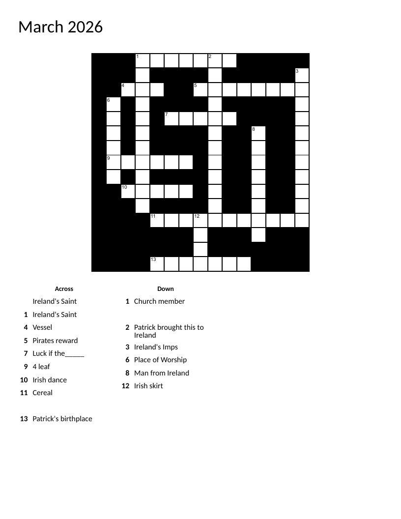 St. Patrick's Day crossword with clues about shamrocks, leprechauns, and Irish culture.