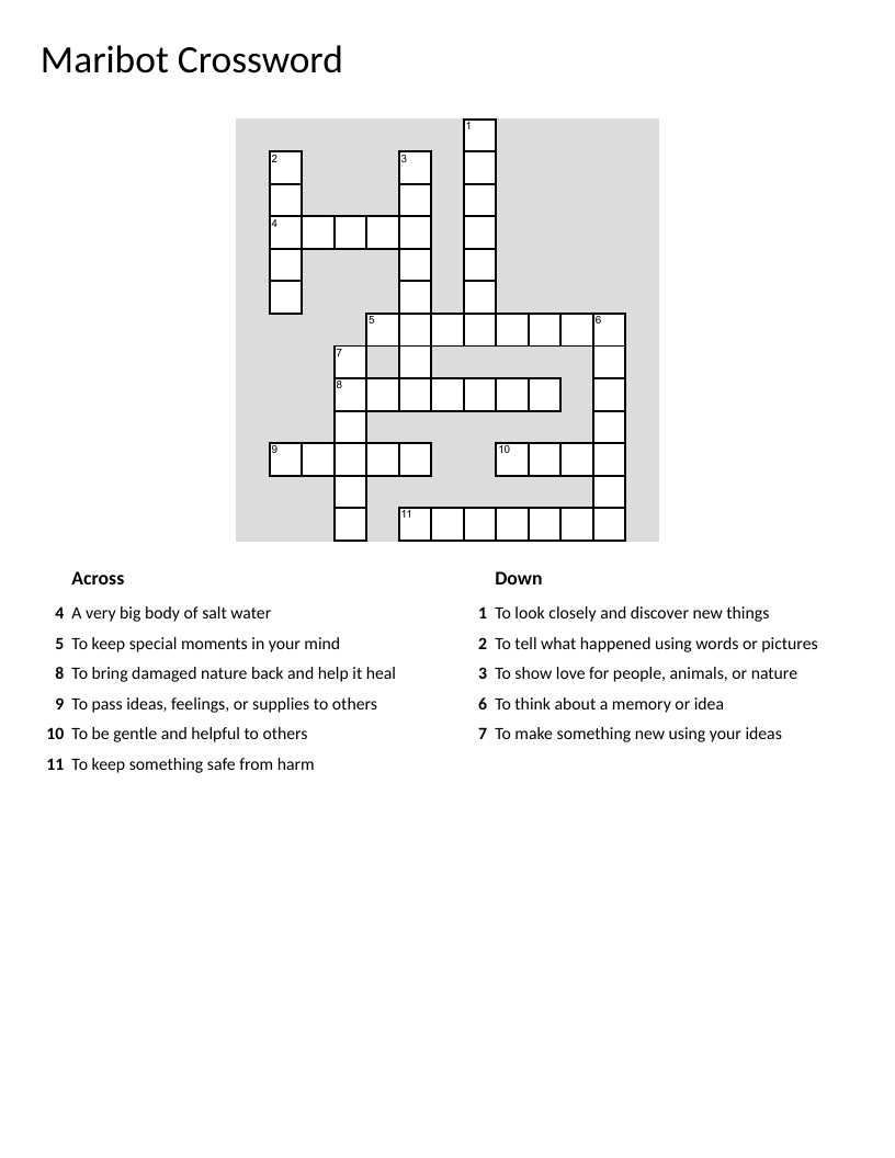 Character education crossword with words like kindness, protect, and explore for young learners.