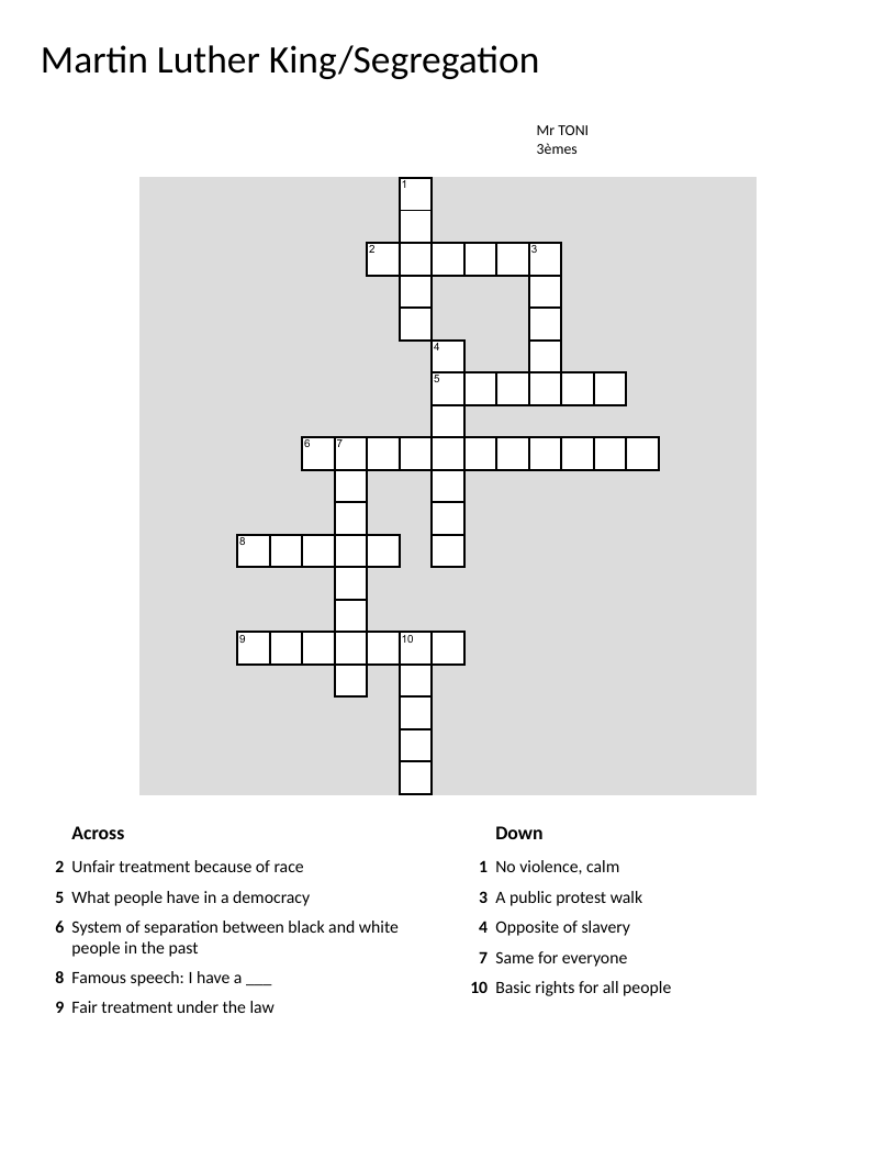 Martin Luther King and segregation crossword with civil rights vocabulary.
