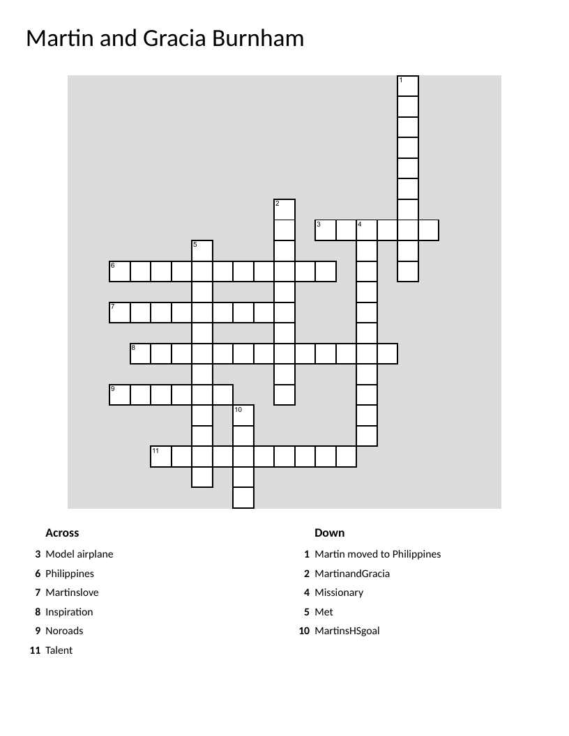 Crossword about Christian missionaries Martin and Gracia Burnham and their service in the Philippines.