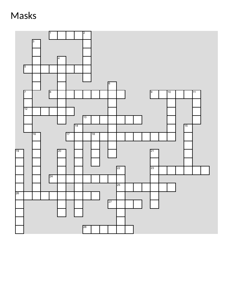 Masks crossword with clues about Hopi kachinas, Japanese theater, and world cultural traditions.