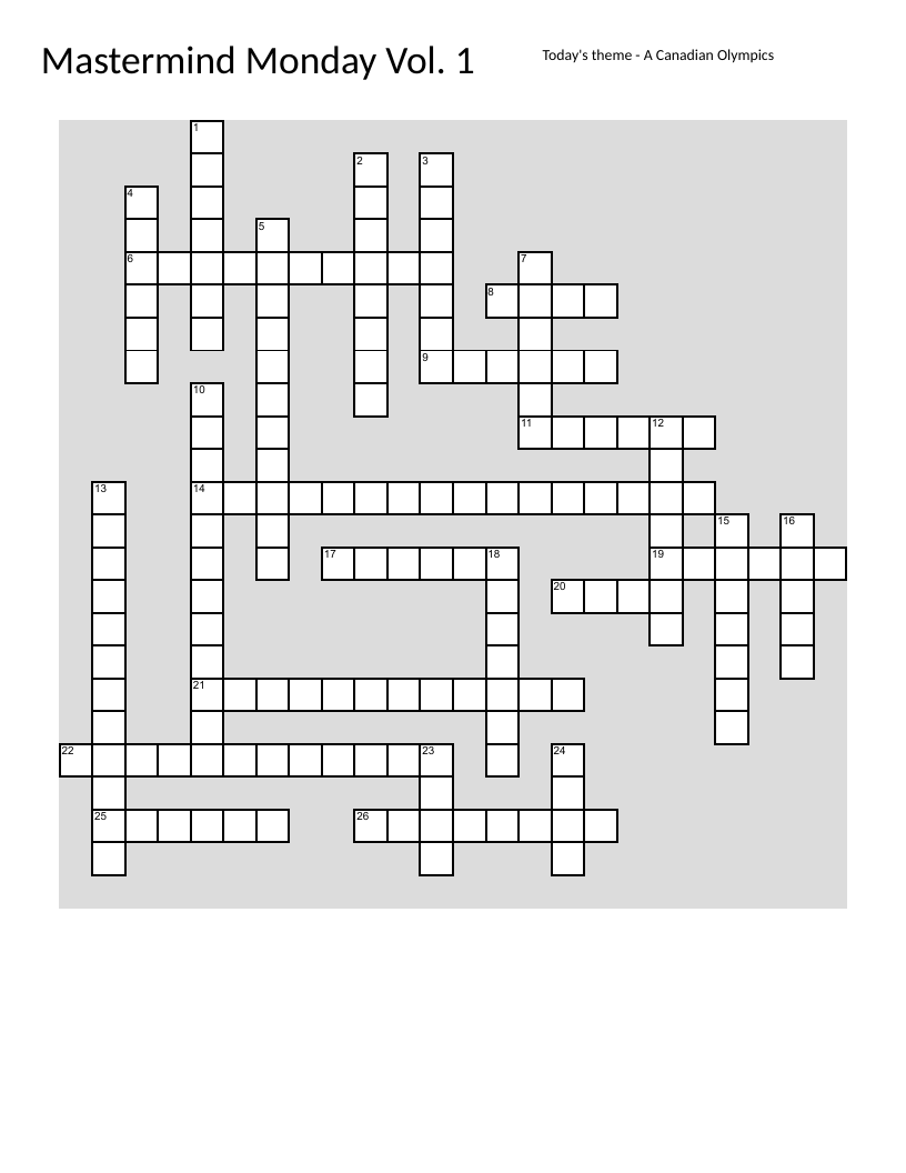 Winter Olympics crossword featuring Canadian athletes, Golden Goal, and winter sports.