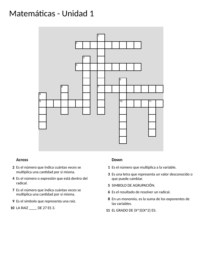Algebra crossword in Spanish with terms like exponente, radicales, and variables.