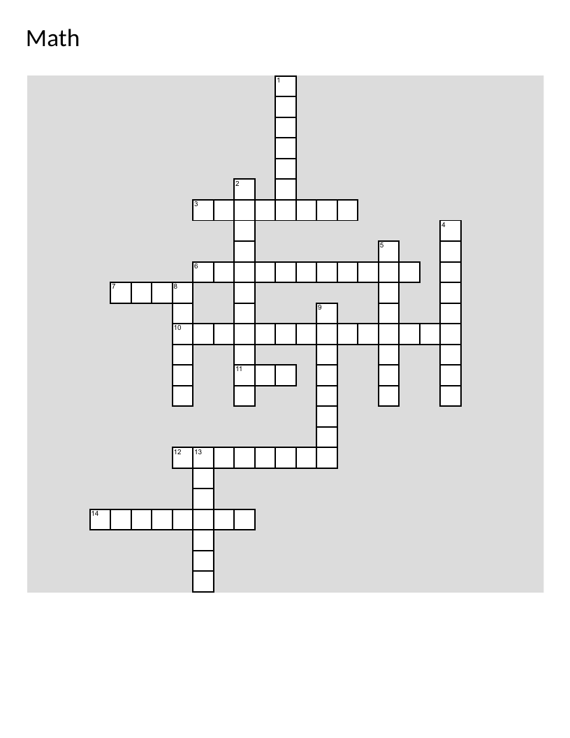 Math basics crossword with addition, subtraction, fractions, and number types.