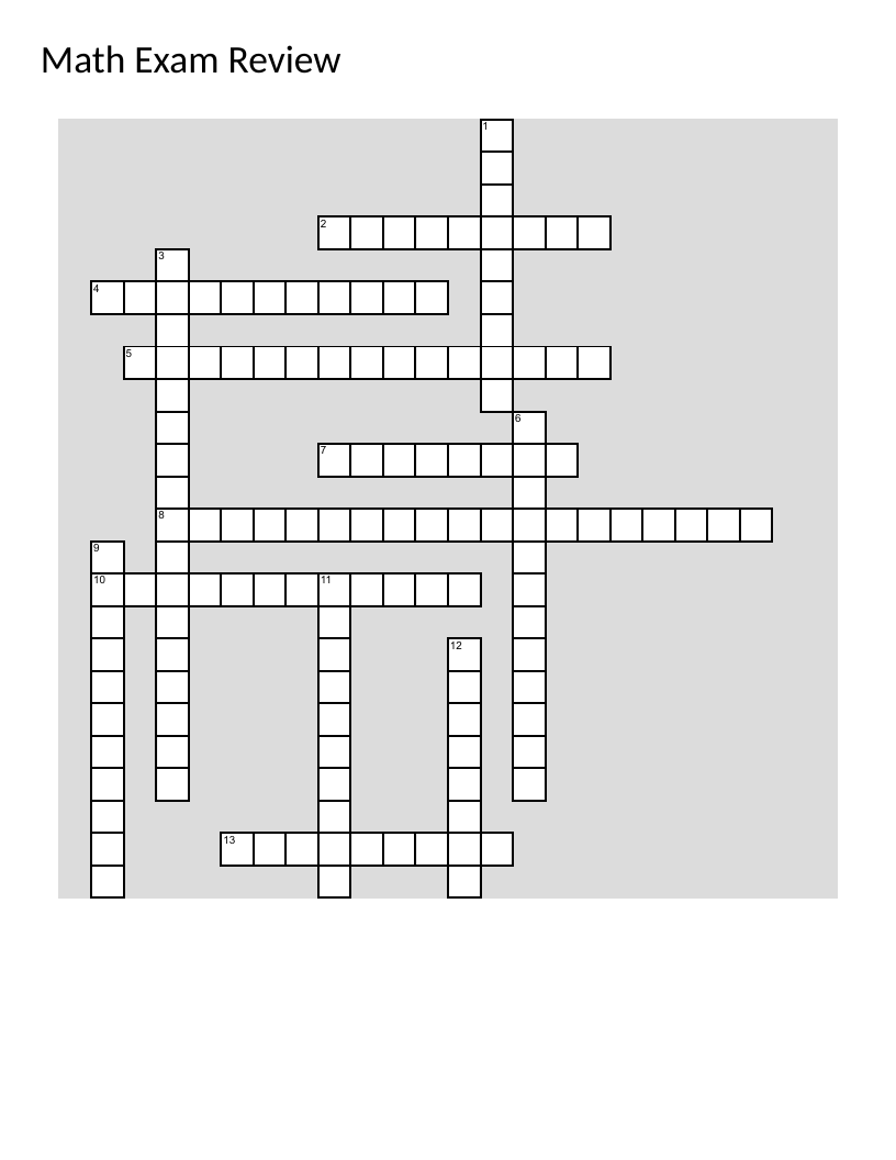 Division and fractions math vocabulary crossword with numerator, denominator, and equivalent fractions.