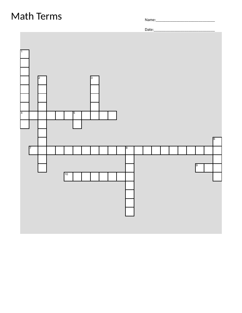 Math terms crossword with factors, multiples, place value, and operations vocabulary.