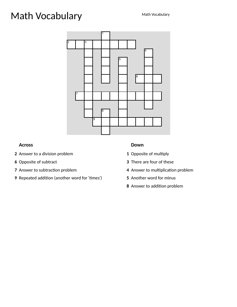 Math vocabulary crossword with quotient, product, sum, and difference.