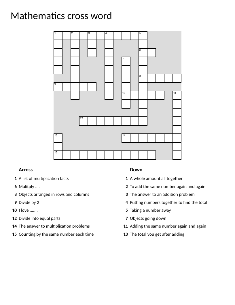 Arithmetic operations crossword with multiplication, addition, subtraction, and division terms.