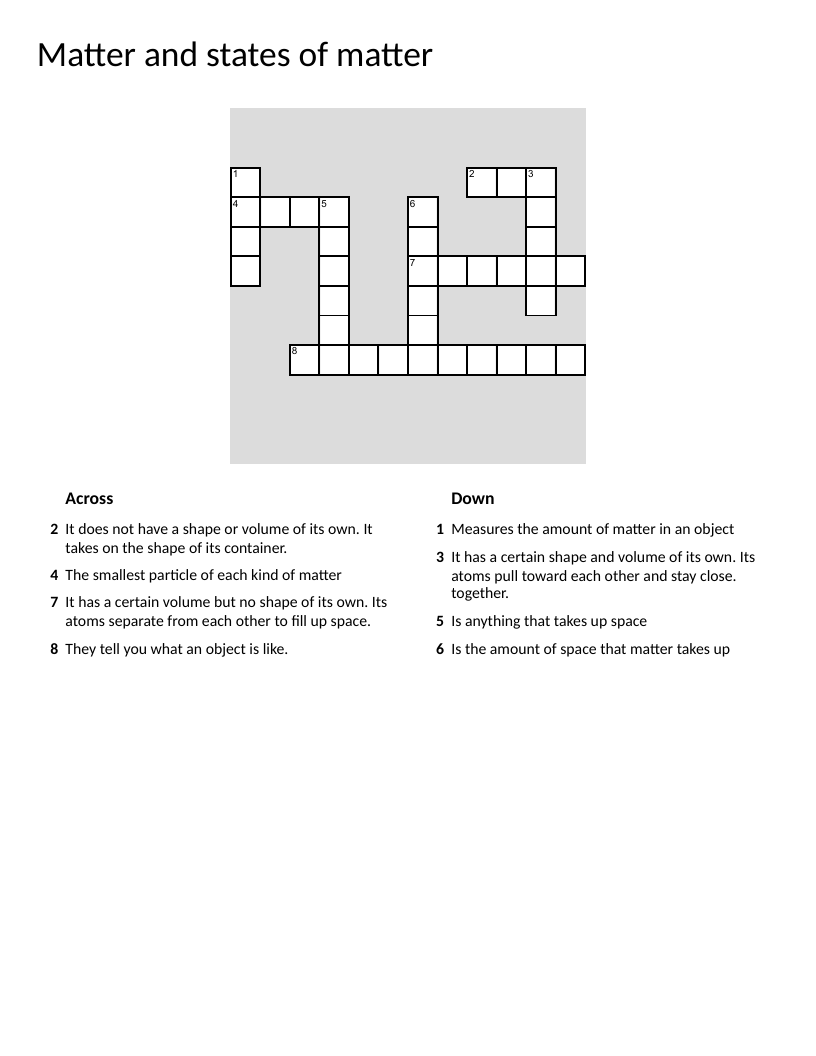 Matter and states of matter crossword with solid, liquid, gas, and atoms.