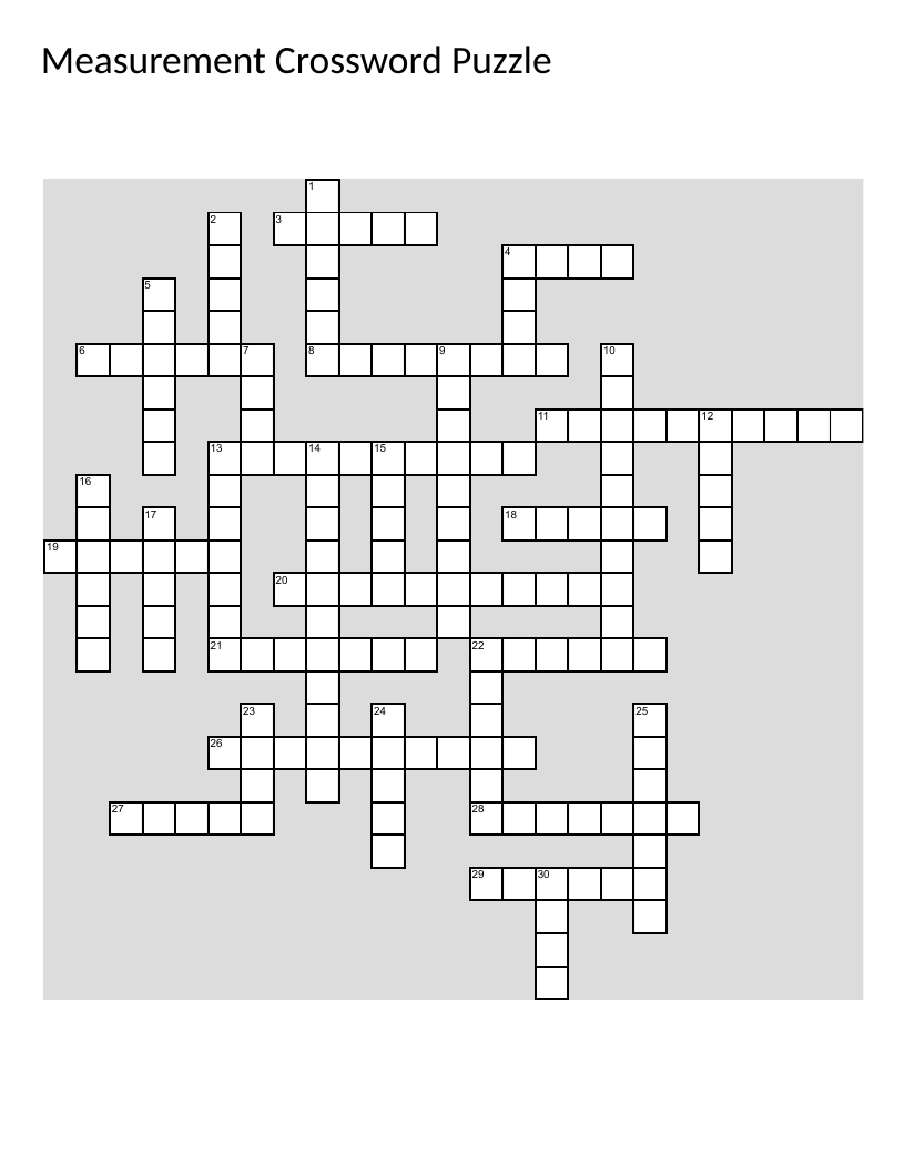 Measurement crossword puzzle with metric and customary units, temperature, volume, and capacity.
