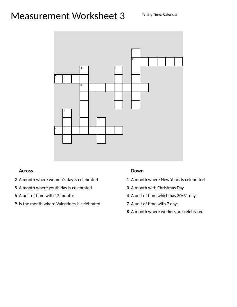 Time and calendar crossword with months, weeks, and holidays for elementary students.