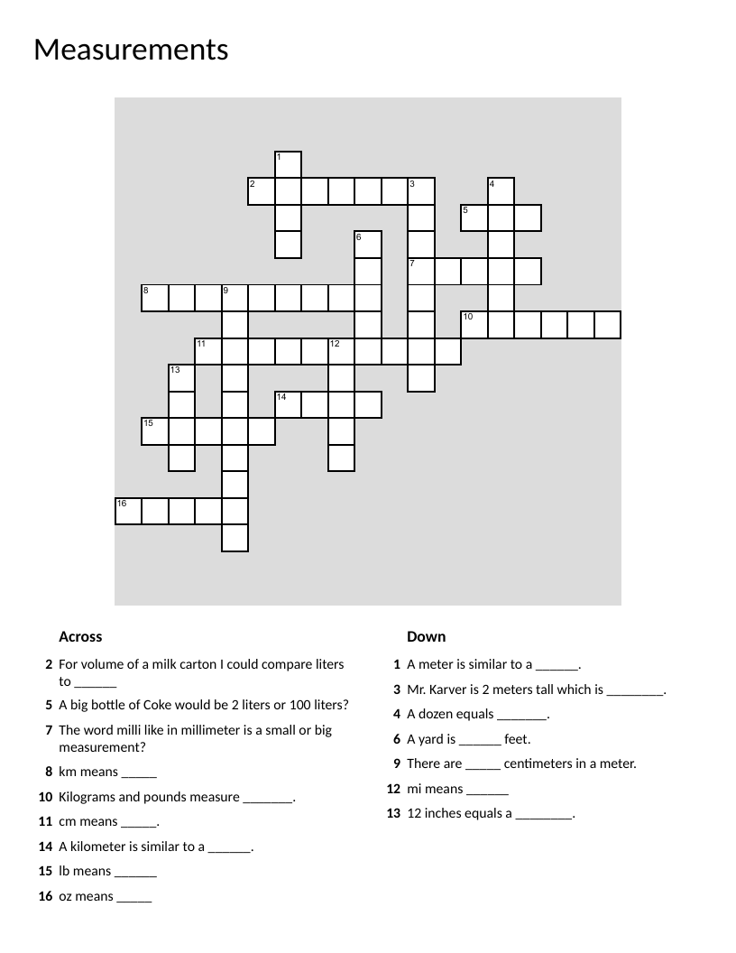 Measurement crossword with metric and customary units, conversions, and abbreviations.