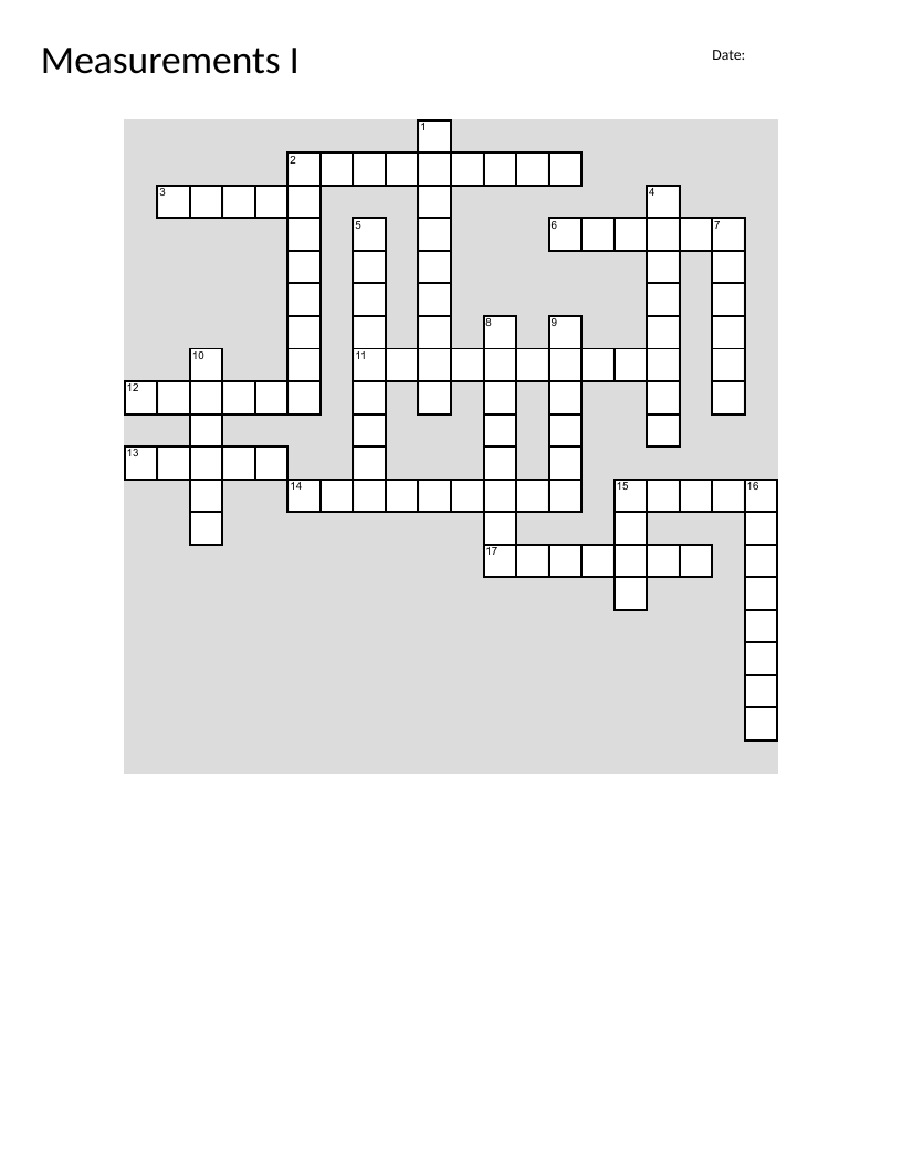 Geometry and measurements crossword with shapes, formulas, and metric units.