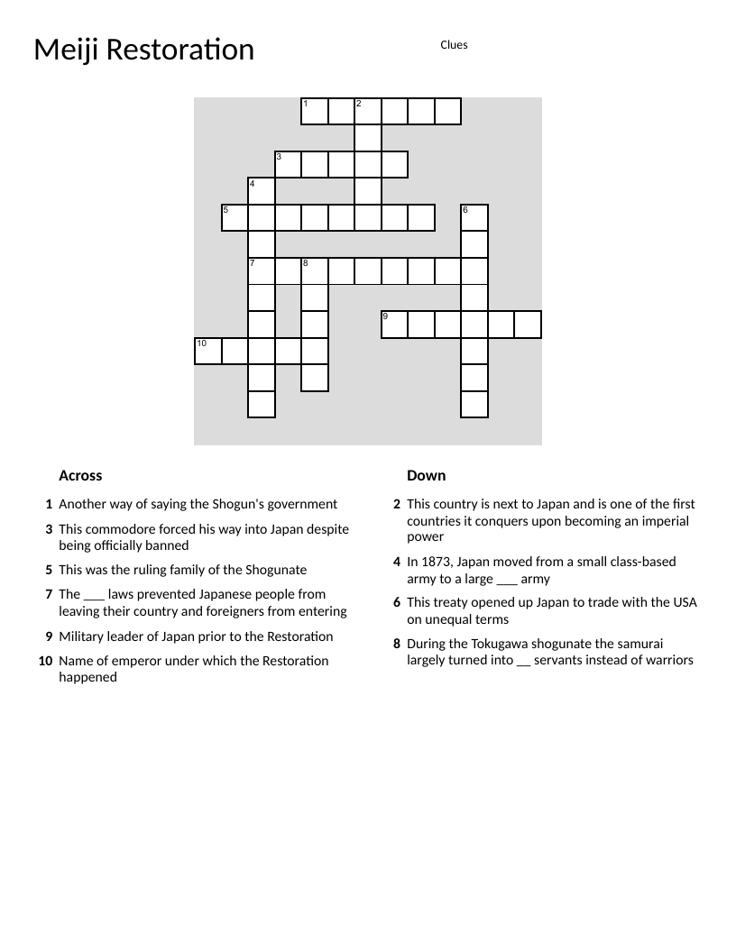 Meiji Restoration crossword with clues about Tokugawa shogunate and Commodore Perry.