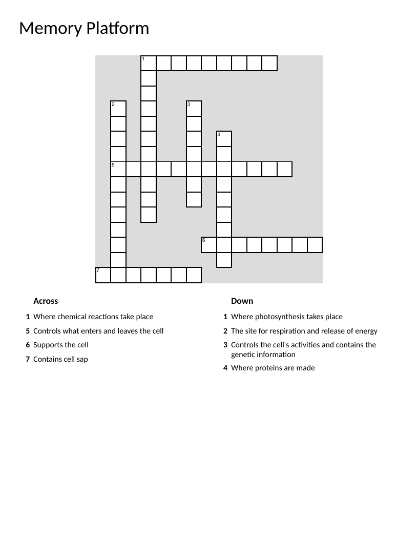 Cell structures crossword puzzle with nucleus, mitochondria, and chloroplast.