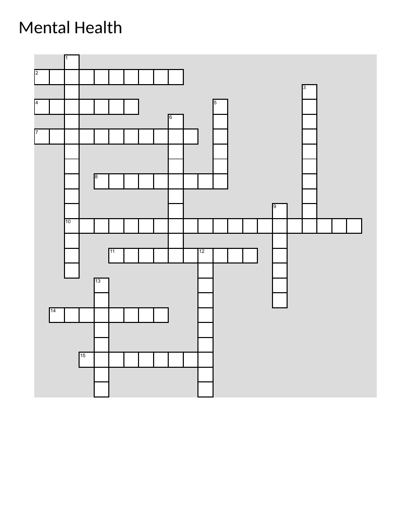 Mental health crossword with vocabulary on anxiety, depression, coping, and wellness.