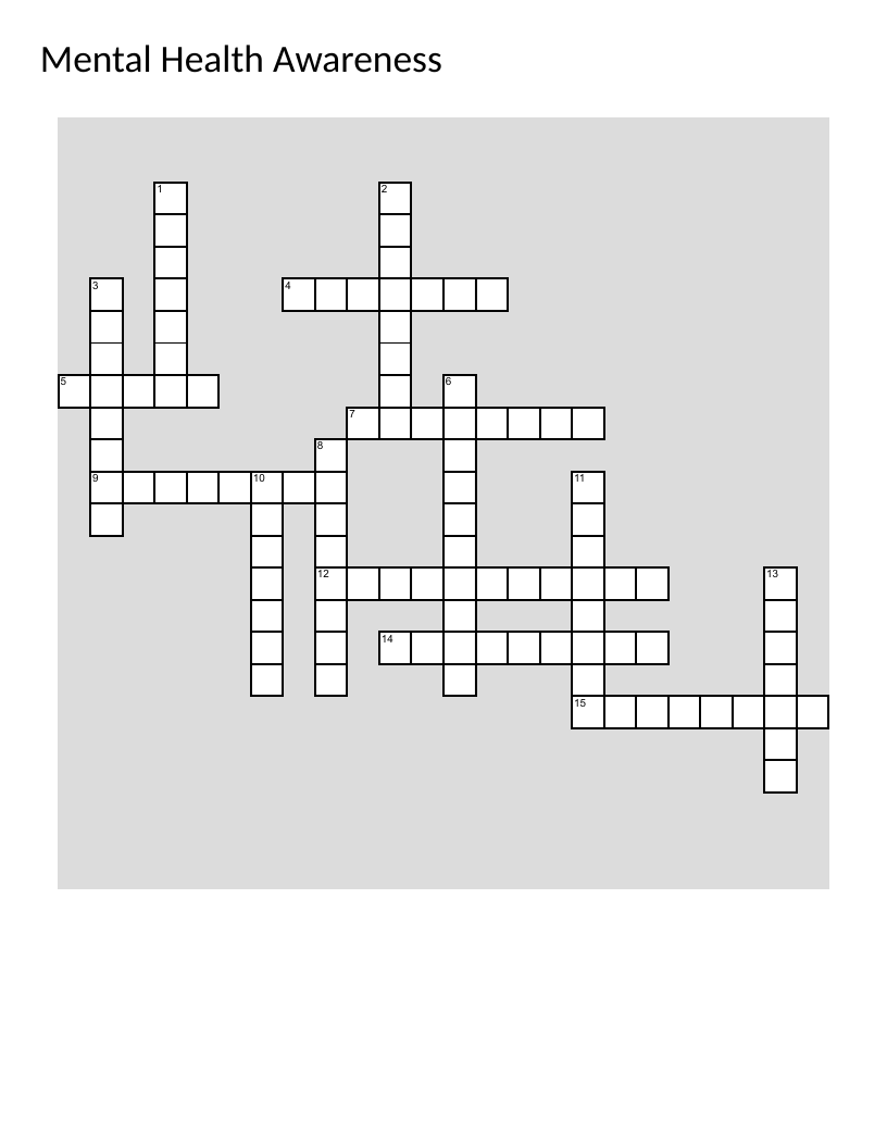 Mental health crossword with vocabulary like anxiety, depression, counseling, and self-care.