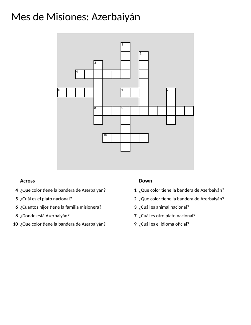 Spanish crossword about Azerbaijan with flag colors, national food, and culture.