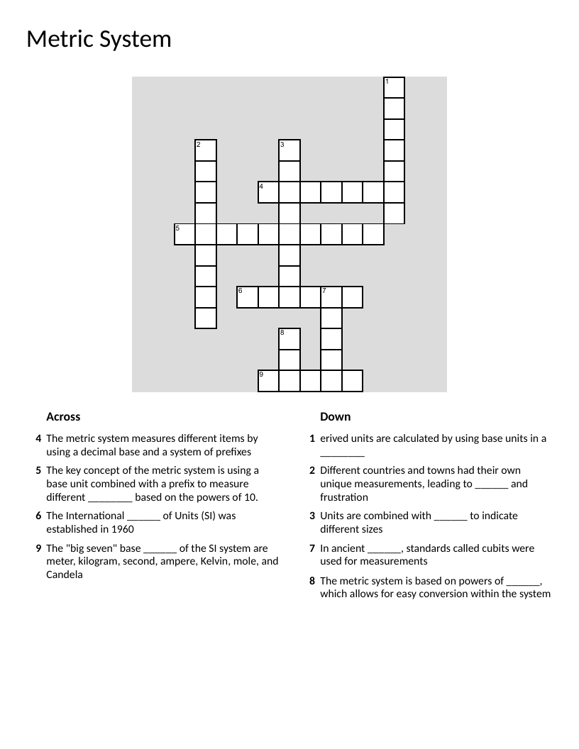 Metric System crossword with SI units, prefixes, and measurement vocabulary.