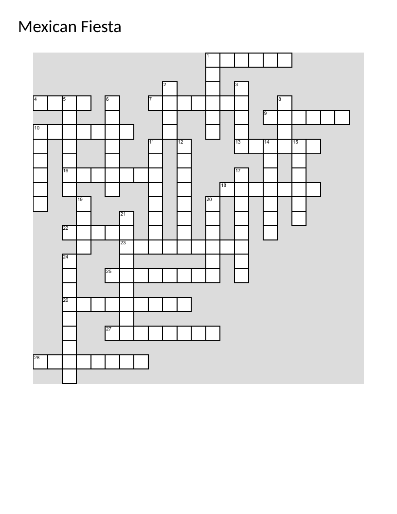 Mexican Fiesta crossword with food, culture, and holiday traditions.