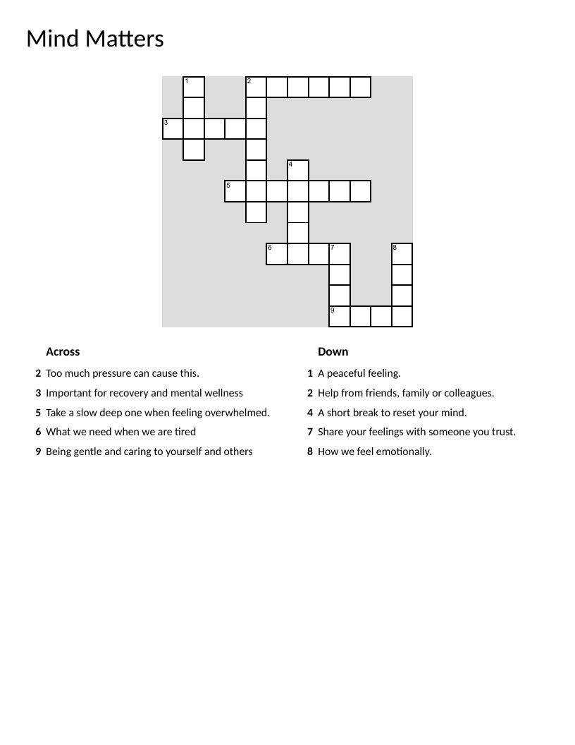 Mental wellness crossword puzzle with words like breathe, calm, sleep, and support.