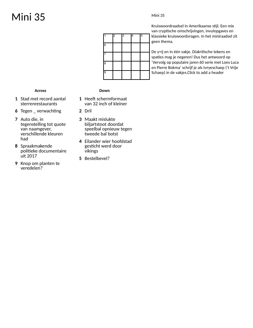 Dutch language mini crossword with wordplay and general knowledge clues.