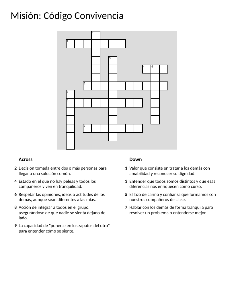 Spanish social-emotional crossword with values like respect, empathy, inclusion, and dialogue.