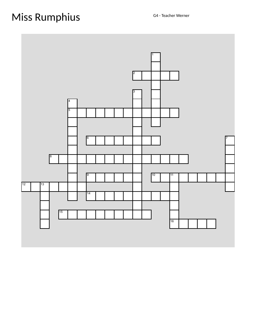 Miss Rumphius crossword with lupines, Africa, and story comprehension.