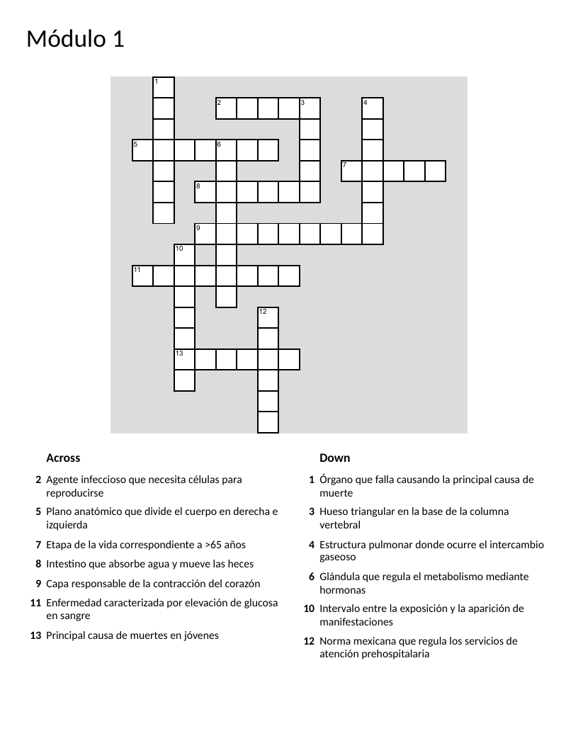 Spanish anatomy crossword with medical terms like virus, diabetes, and heart.