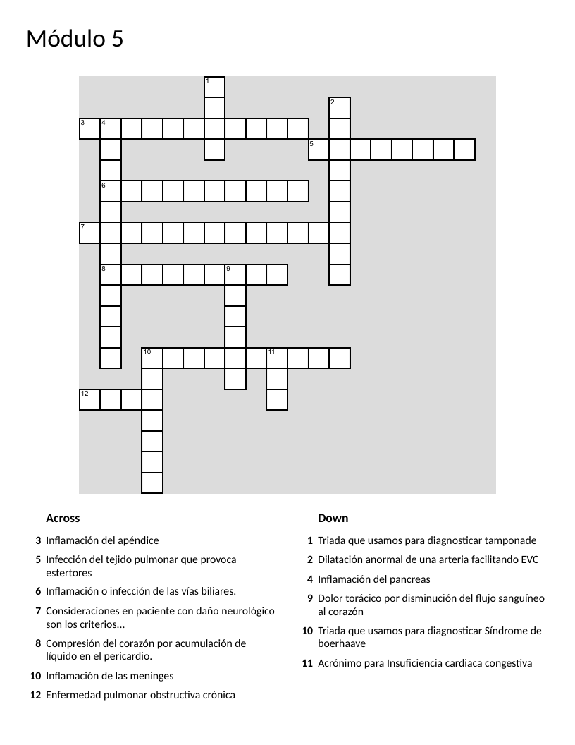 Medical Spanish crossword with emergency conditions like pneumonia, meningitis, and tamponade.