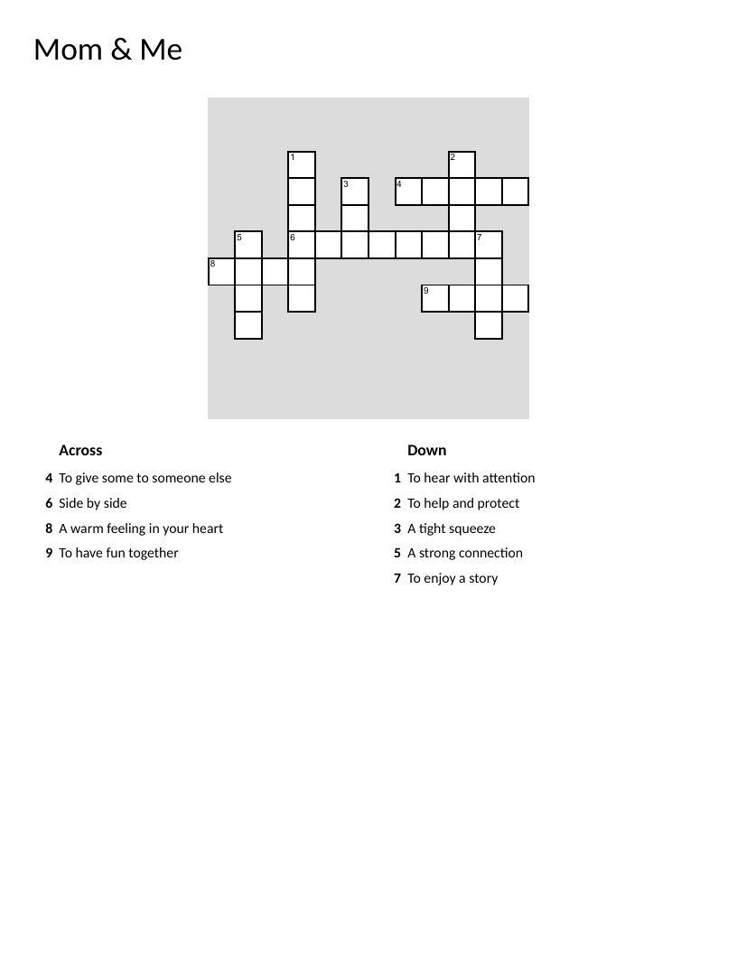 Simple crossword puzzle about mother-child bonding with words like love, care, and together.