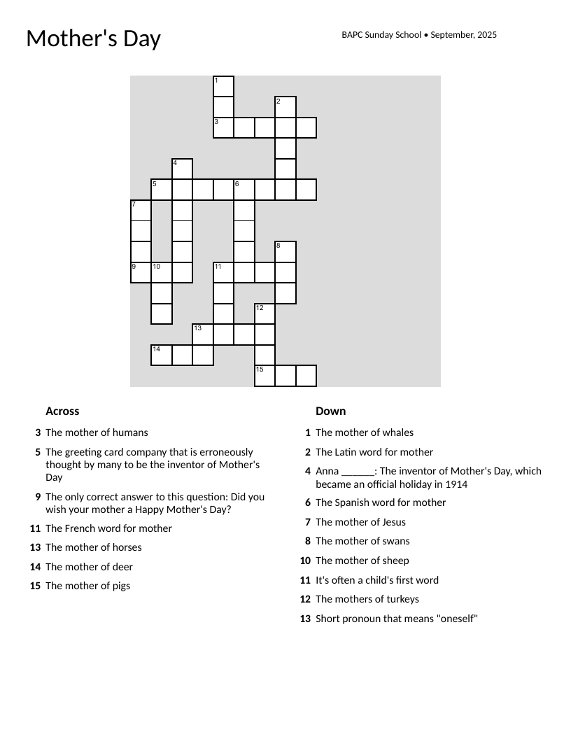 Mother's Day crossword puzzle with animal mothers and multilingual vocabulary.