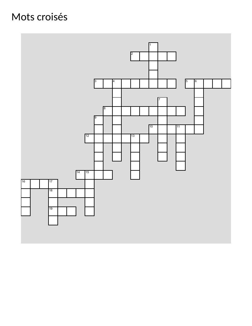 French beginner vocabulary crossword with family, colors, animals, and food words.