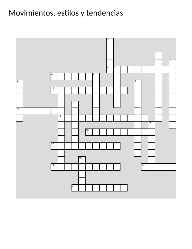 Art history crossword in Spanish with movements like Renaissance, Baroque, and Impressionism.