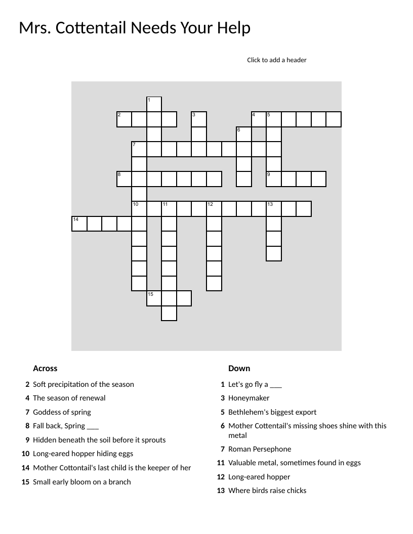 Spring and Easter crossword puzzle with rabbits, buds, rain, and Peeps.