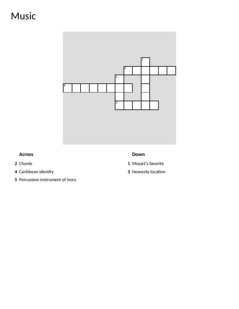 Musical instruments crossword with guitar, piano, violin, steel pan, harp.