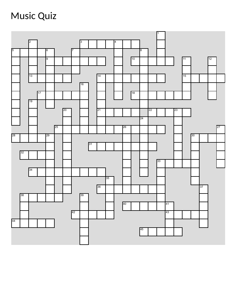 Music trivia crossword with Grammy winners, instruments, and rock bands.