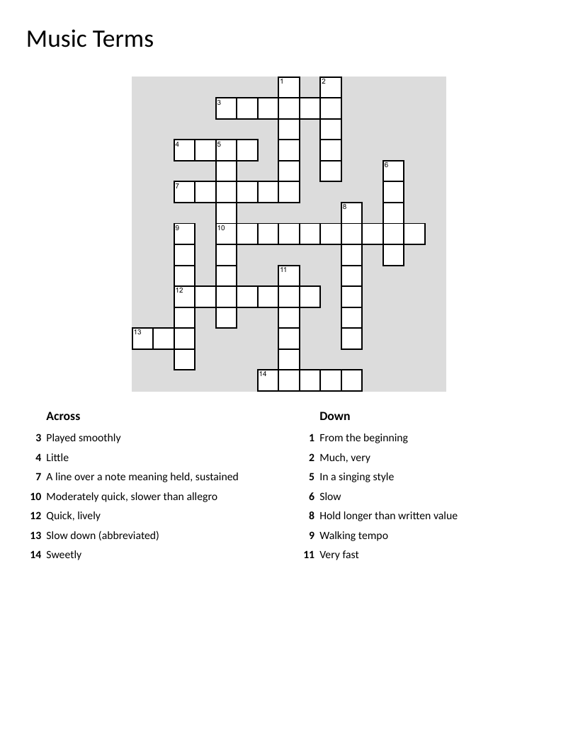 Music terminology crossword with tempo markings and Italian musical directions.