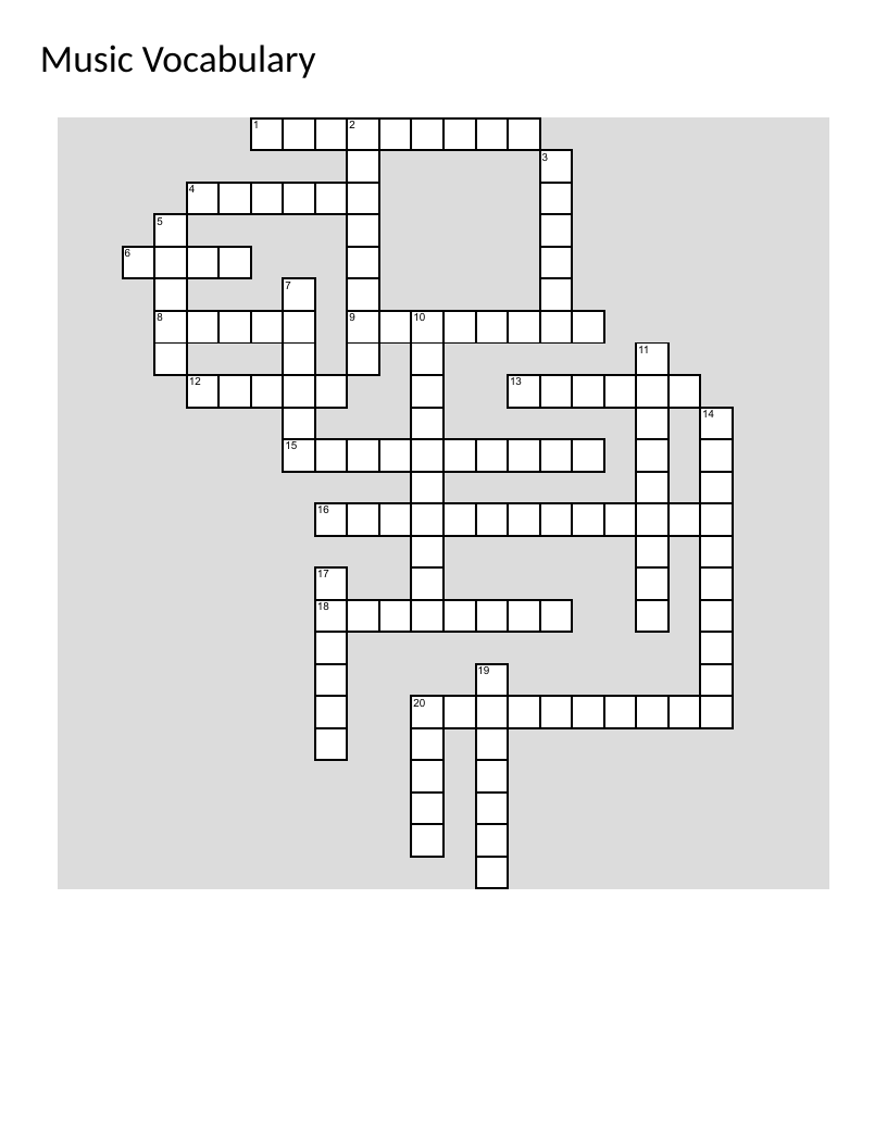 Music vocabulary crossword with tempo, dynamics, melody, and harmony terms.