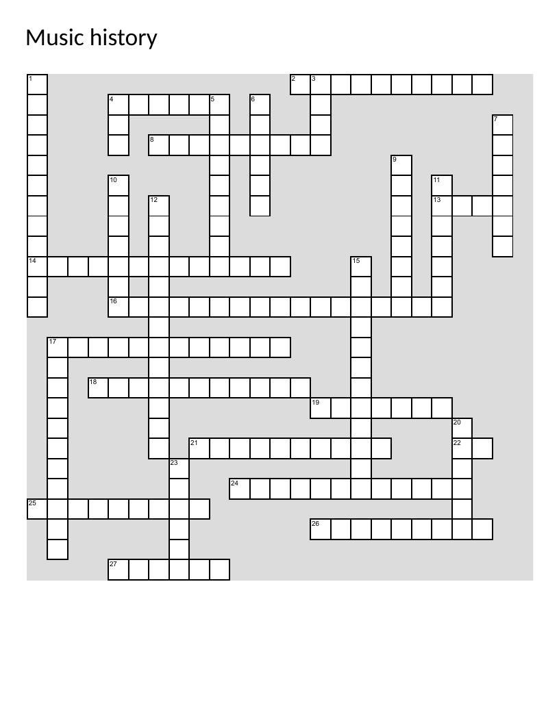 Music history crossword with iconic albums, artists, and festivals spanning decades.