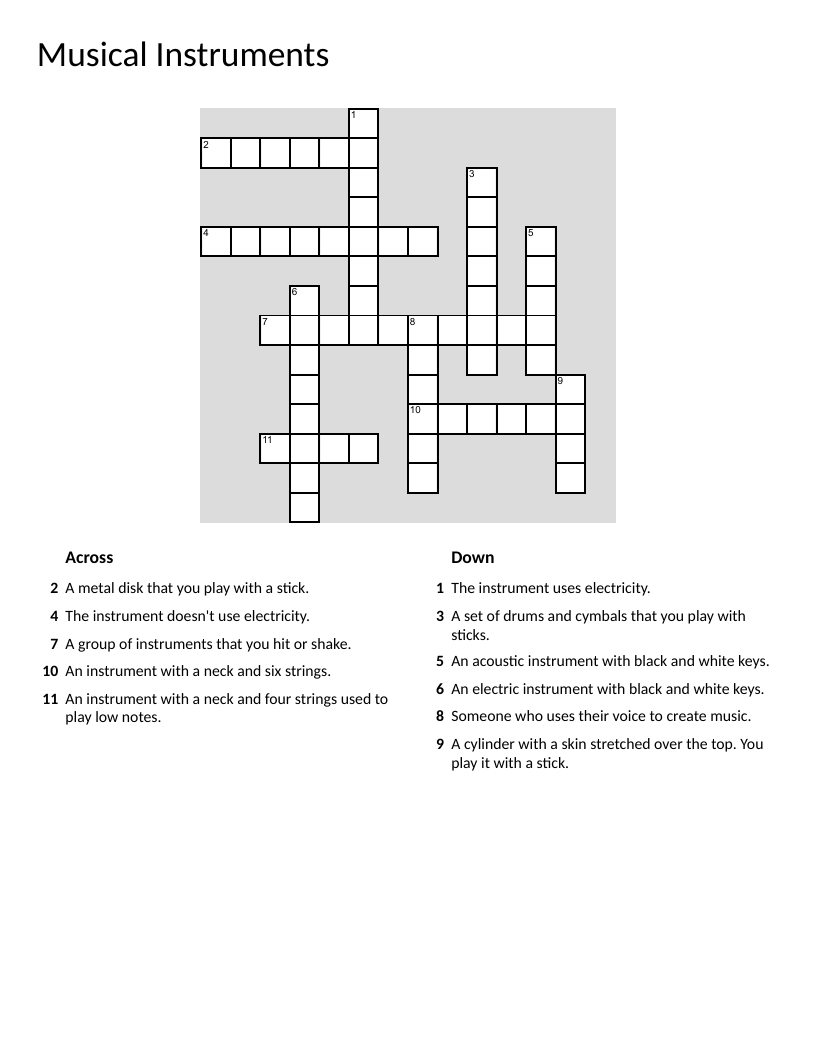 Musical instruments crossword with guitar, piano, drums, and cymbals.