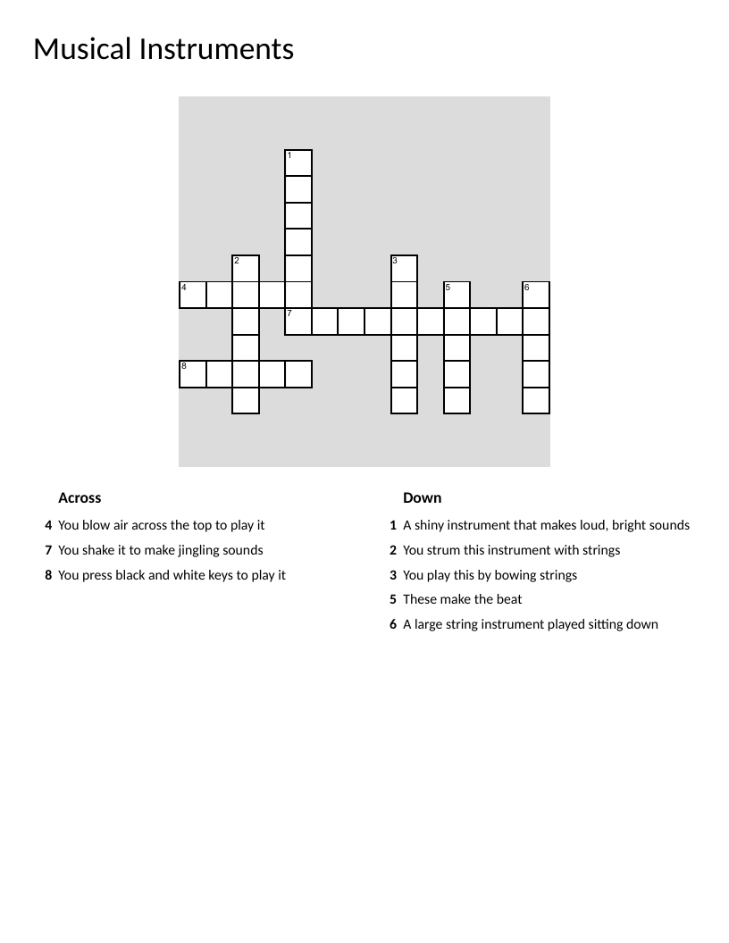Musical instruments crossword with flute, piano, guitar, violin, drums, and trumpet.