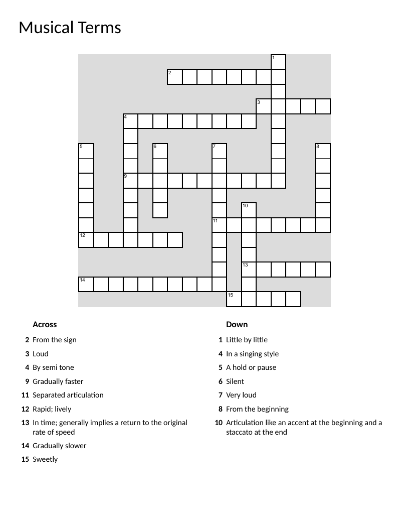 Musical terms crossword with tempo markings, dynamics, and Italian musical notation.