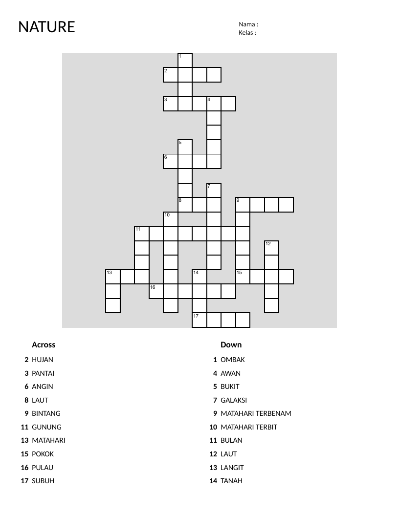 Indonesian-English nature vocabulary crossword with mountain, ocean, and weather words.