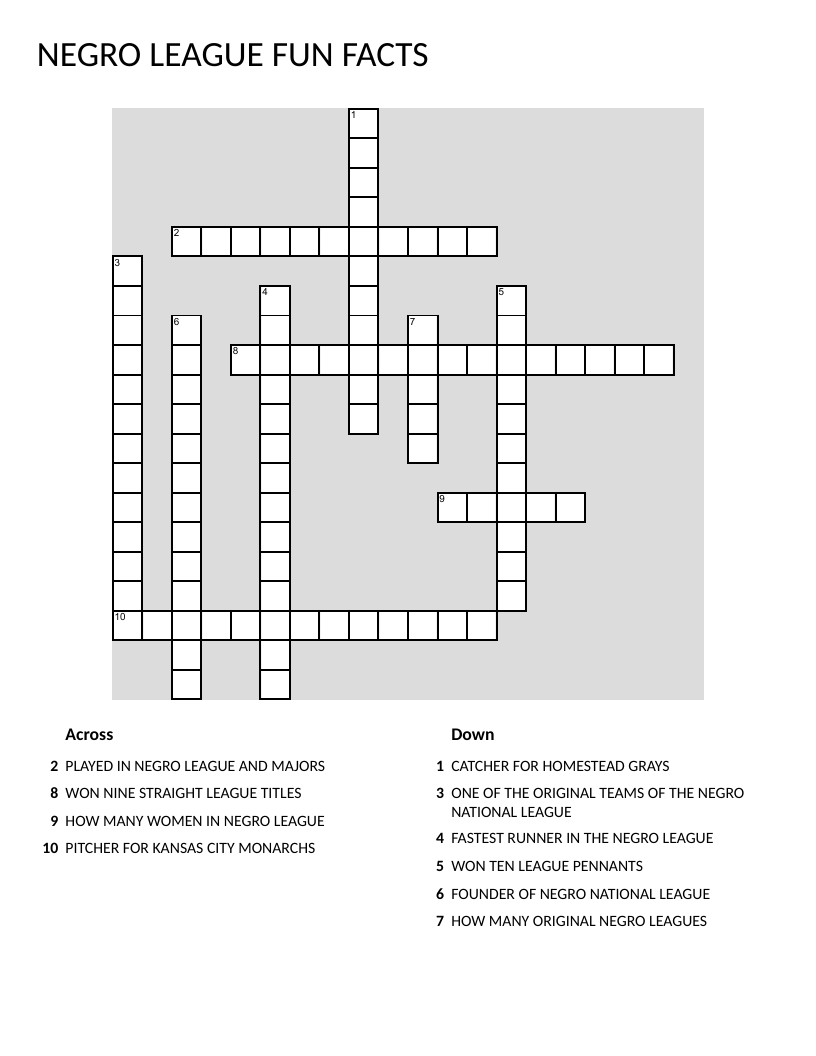 Negro League baseball history crossword with Satchel Paige, Josh Gibson, and Homestead Grays.